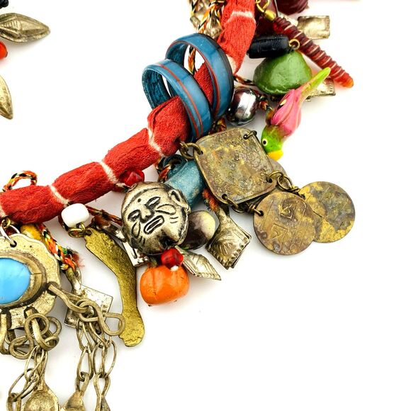 Handcrafted Charm Necklace Loaded with Worldwide Milagros Chachkas with Earrings - Picture 7 of 16